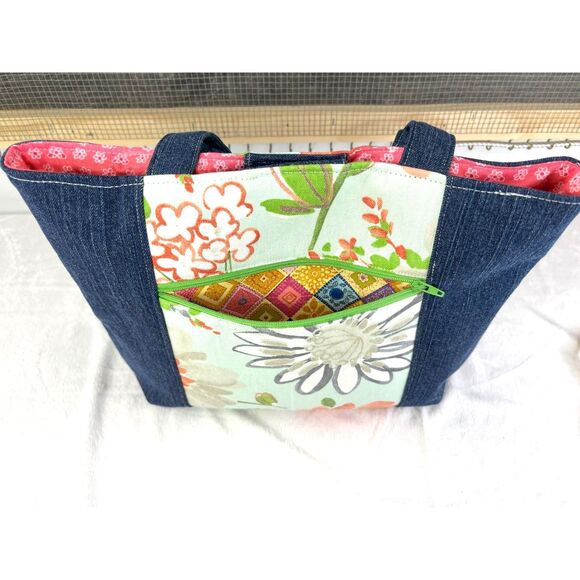 Handmade Upcycled Denim Tote Bag, linened with cotton materials. - Picture 3 of 11